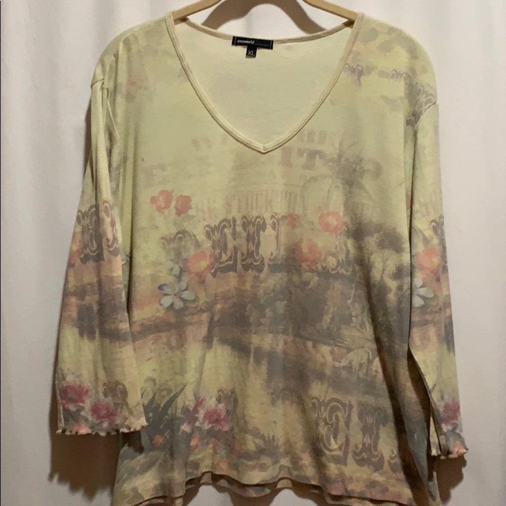 ONE WORLD PALE SAGE/PINK SZ XL V NECK TEE COT/POLY - Picture 1 of 6
